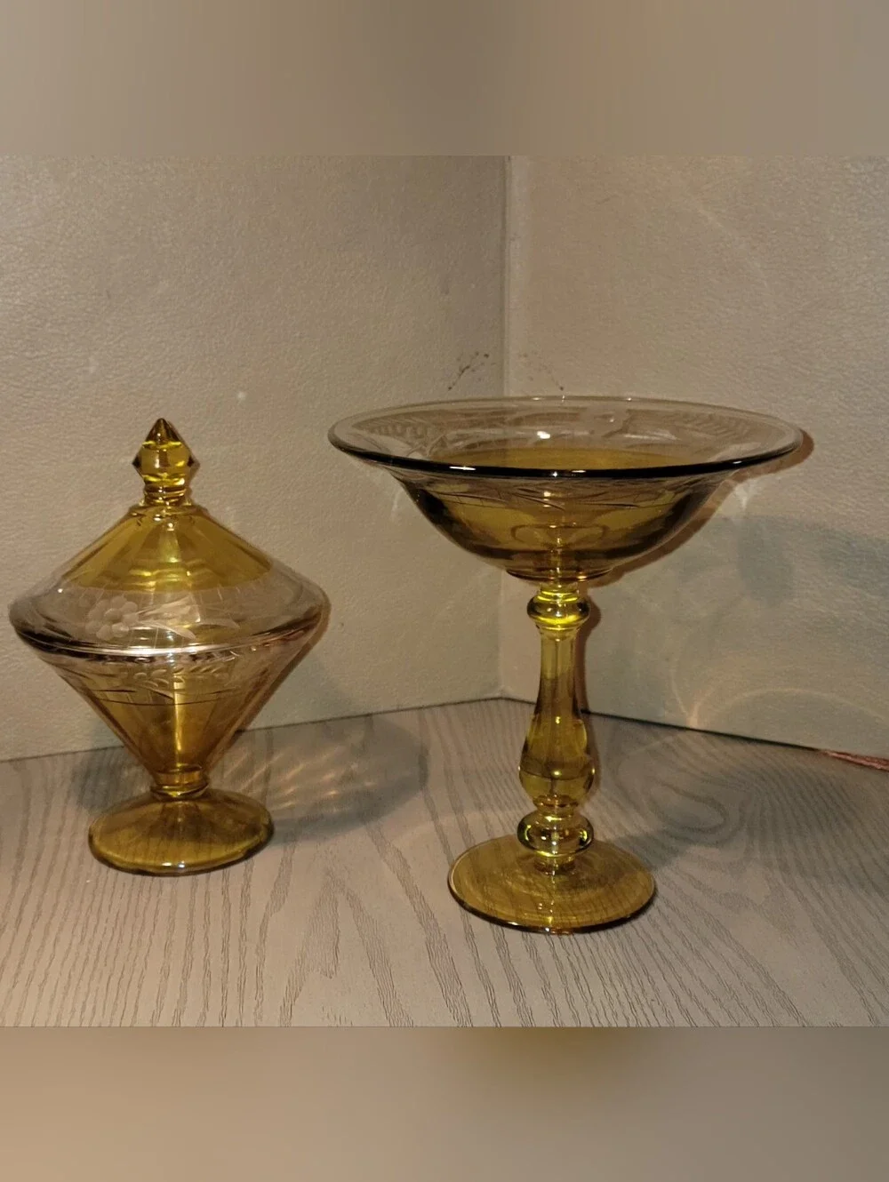 Amber Glass Compote and Lidded And Pedestal Candy Dishes  Set 6x7.5 And 7x8